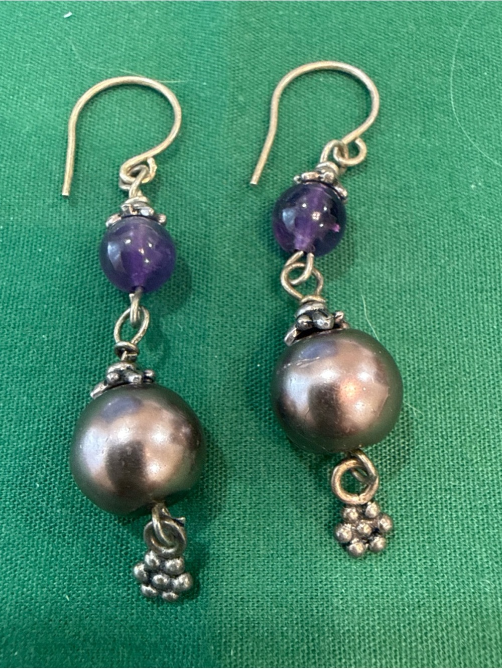 Dangle Dark Gold Tone Earrings W/Purple Beads  54F
